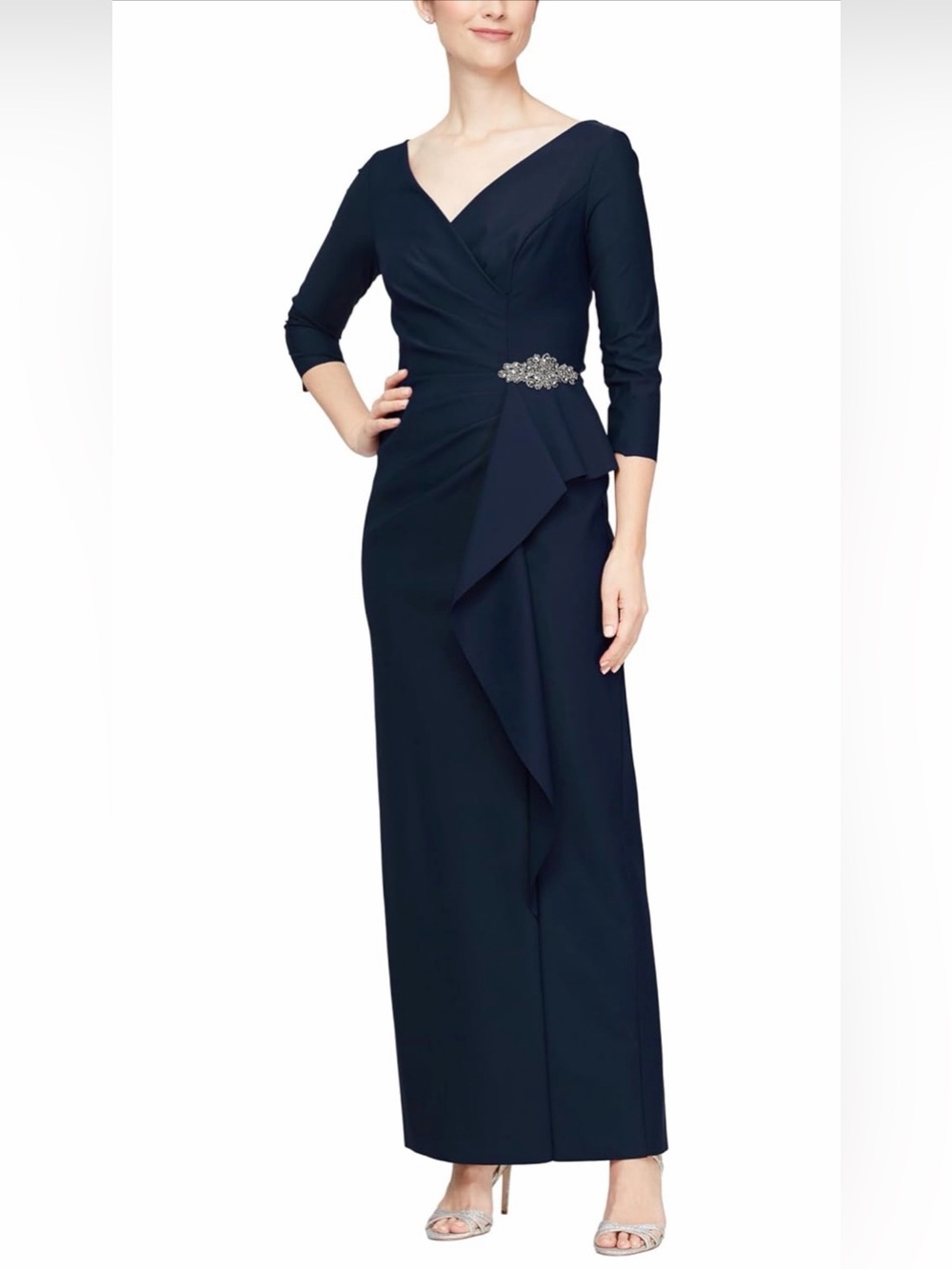 NWT Alex Evenings Navy Long-Sleeve V-Neck Gown w Side Cascade Jeweled Accent, 8